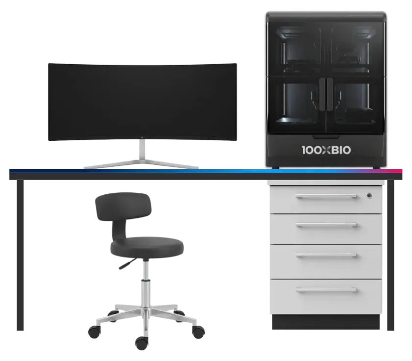 Compact hybrid cytometry platform on laboratory bench, with automated liquid handling system and fluorescent cell scanner